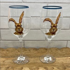 NEW Pair of Pier 1 Bunny Wine Glasses with Blue Rim